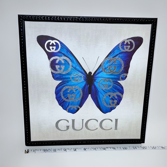 GUCCI Blue Butterfly Framed Fashion Canvas Art - Tax Deductible - STUNNING - Picture 1 of 4